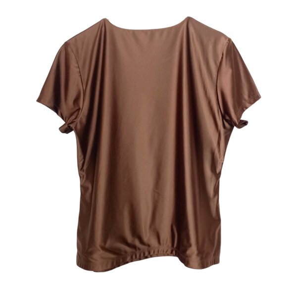 Tahari Brown Women's Top - Short Sleeve Satin Blouse, Size M (US 10) - Picture 2 of 7
